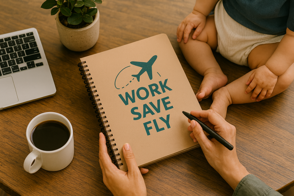 From Peso to Passport. Mom and baby with Work Save Fly notebook